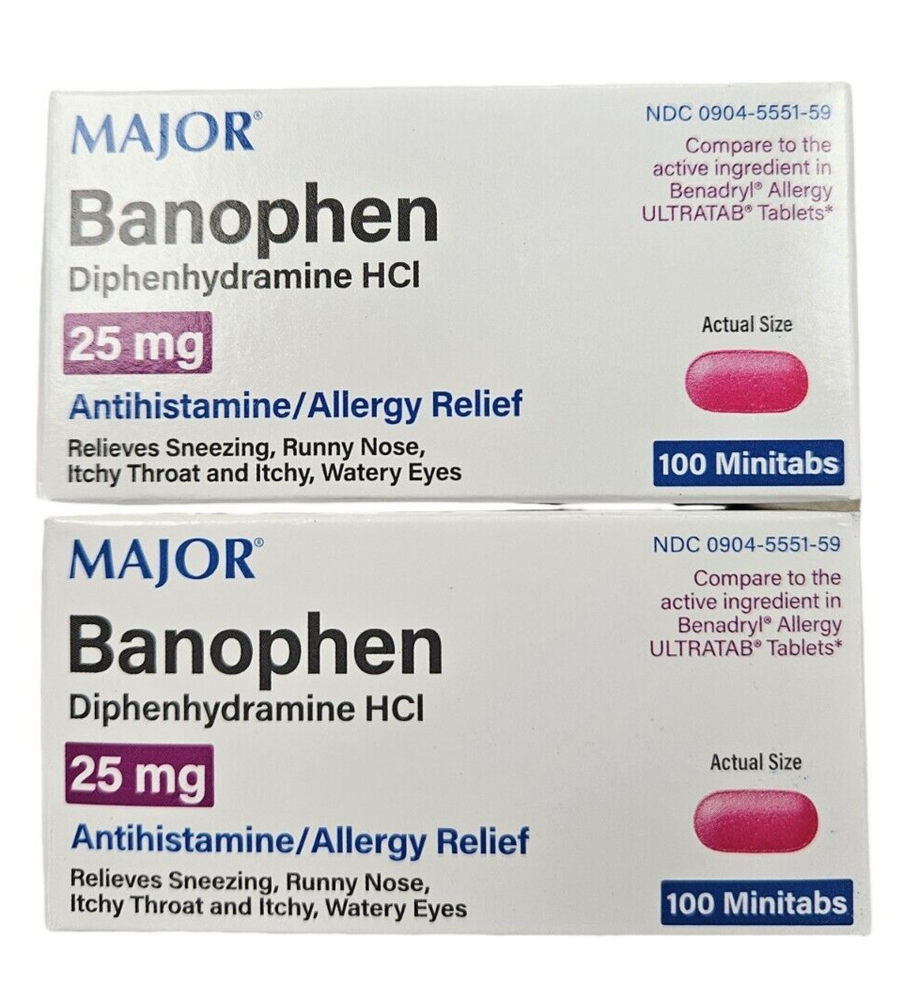 Diphenhydramine 25mg TABLETS 100ct BANOPHEN Minitabs ( 2 bottles ) ^