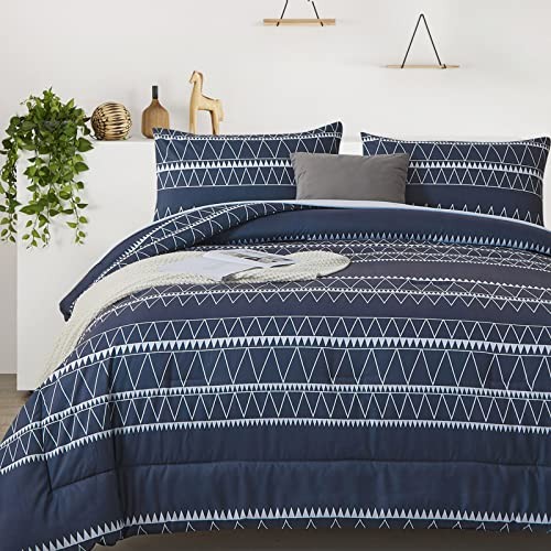 Comforter Set,Reversible Boho Triangle Down Alternative King Navy Blue