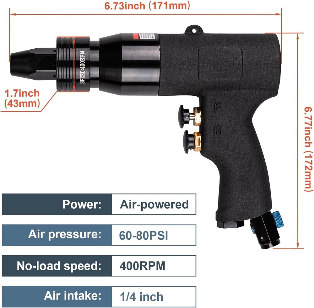 Adjustable Speed Air Rivet Gun with Self-Locking Heads - Complete 4 Size Kit