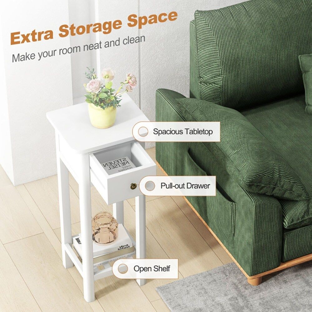 2 Tier Slim Nightstand Bedside Table with Drawer Shelf