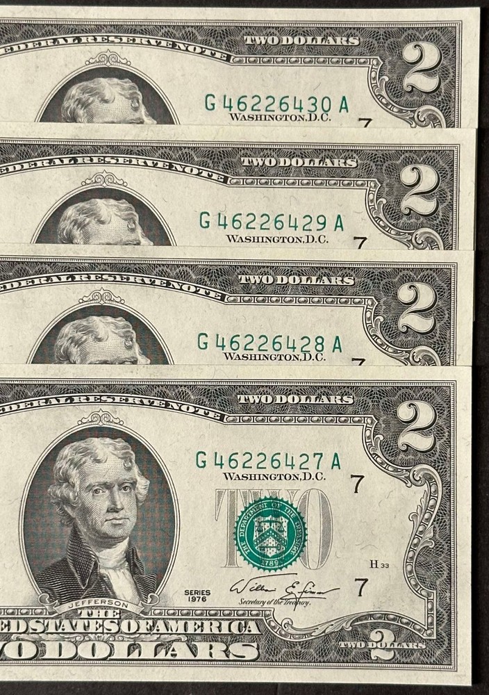 (4) Consecutive 1976 $2 Dollar Bills / Misaligned 3rd print Error / Uncirculated