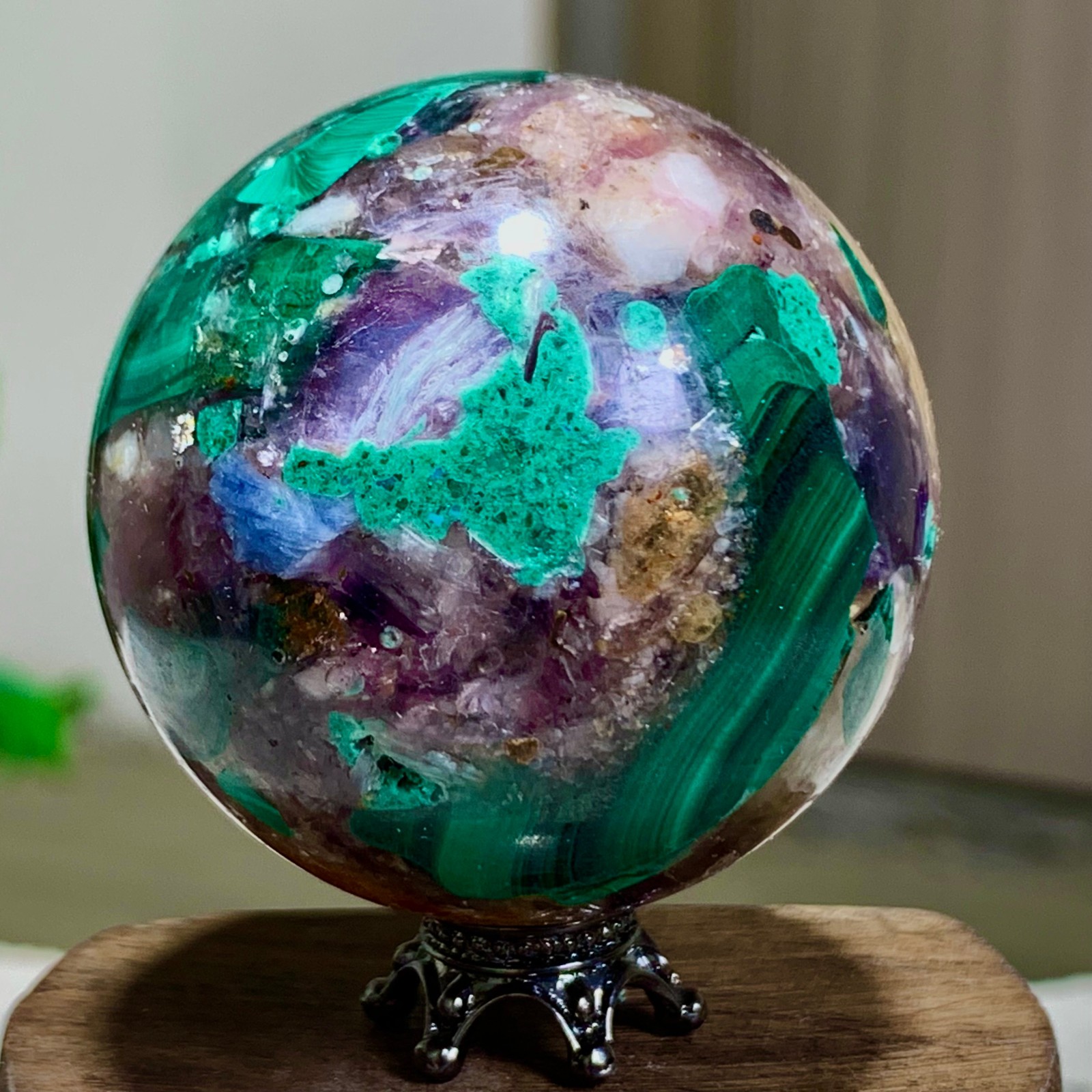 116G Newly discovered rare malachite purple mica symbiotic sphere restoration