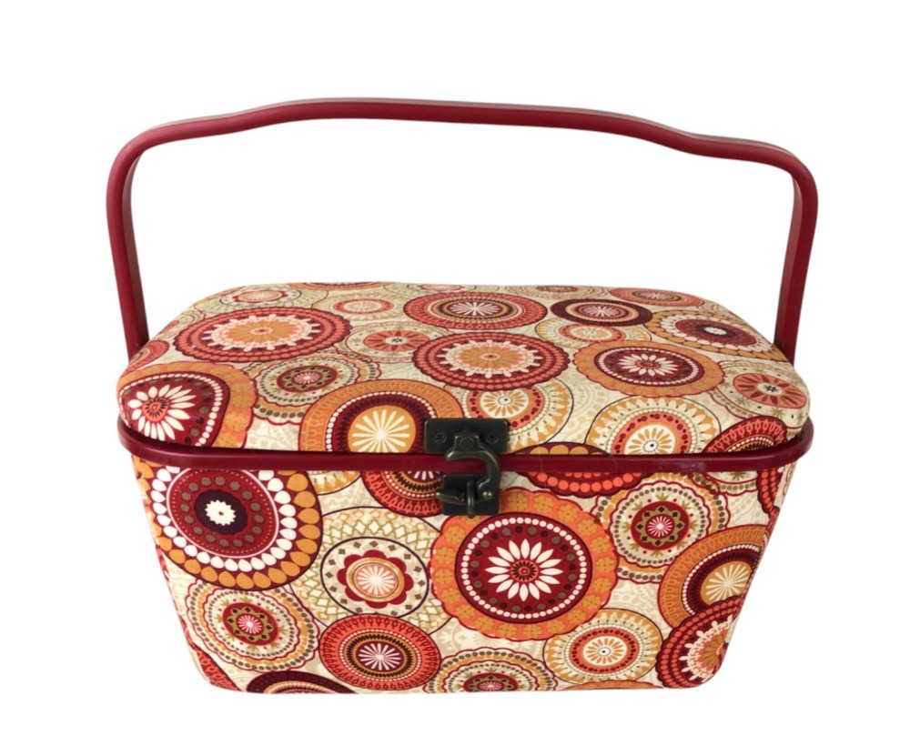 Dritz St Jane Sewing Basket Medium Rectangle Red Orange Circles Fabric Covered