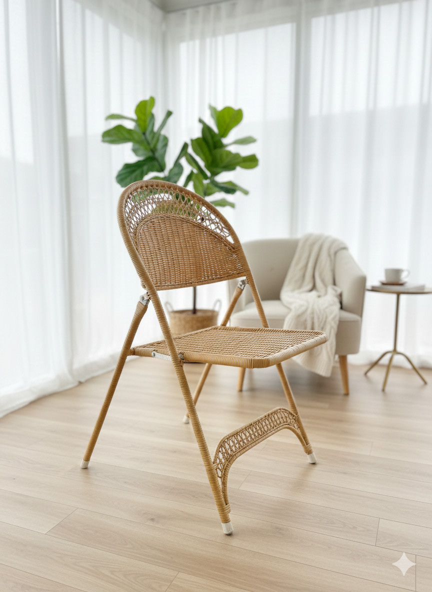 Antique White Wicker Folding Chairs Set of 2 for Home Office, Metal Frame