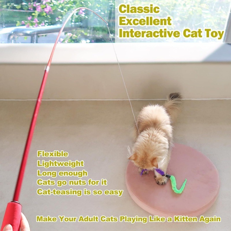 Interactive Cat Toys Retractable Wand Toy and Feather Toy Refills for Indoor Cat