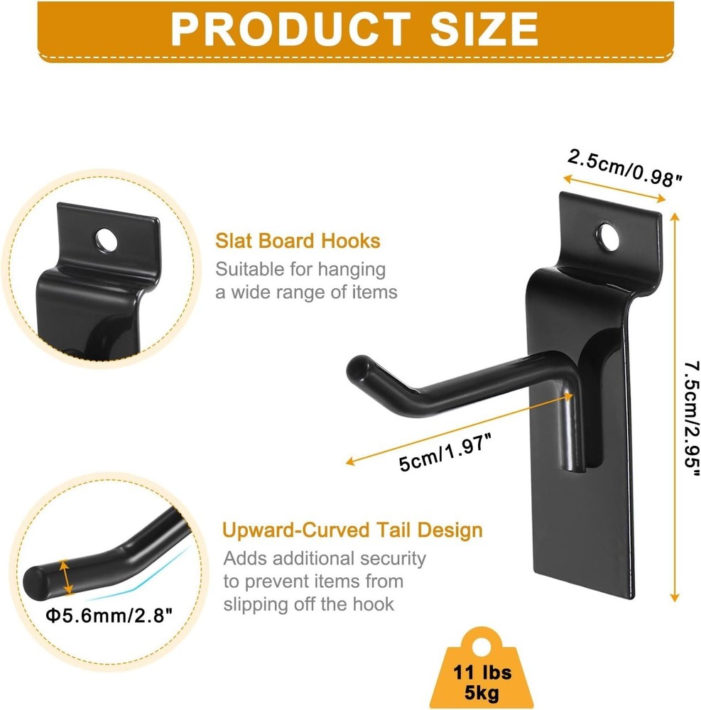 60pcs Slat Wall Hooks 2" Length Pegboard Panel Hanging Hook Black New