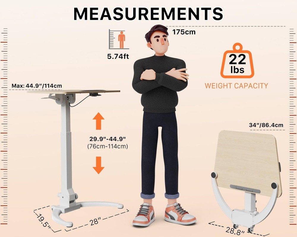 JOY worker Foldable Mobile Standing Desk, Pneumatic Height Adjustable Sit Sta...