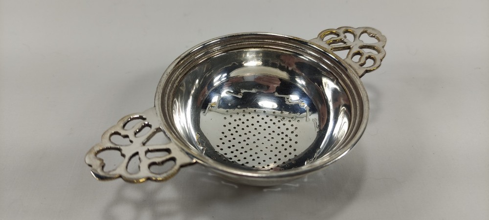 Vintage Silverplated Pierced Two-Handled Over Tea Service Cup Strainer Openwork