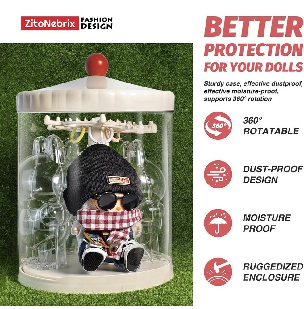 360° Rotating Display Case for 6" Doll Keychains – Stackable Clear Dustproof