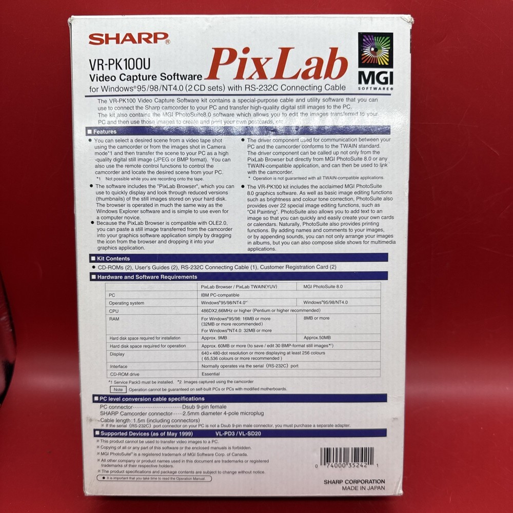 Sharp PixLab Video Capture Software Windows 95/98/NT4.0 For Sharp Camcorder