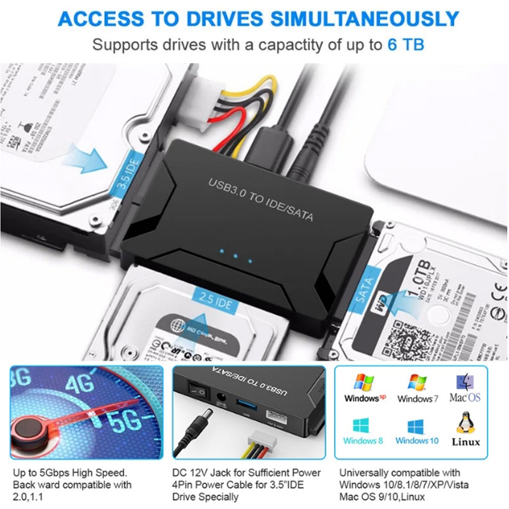 USB 3.0 to IDE & SATA Converter External Hard Drive Adapter Kit 2.5"/3.5" Cable