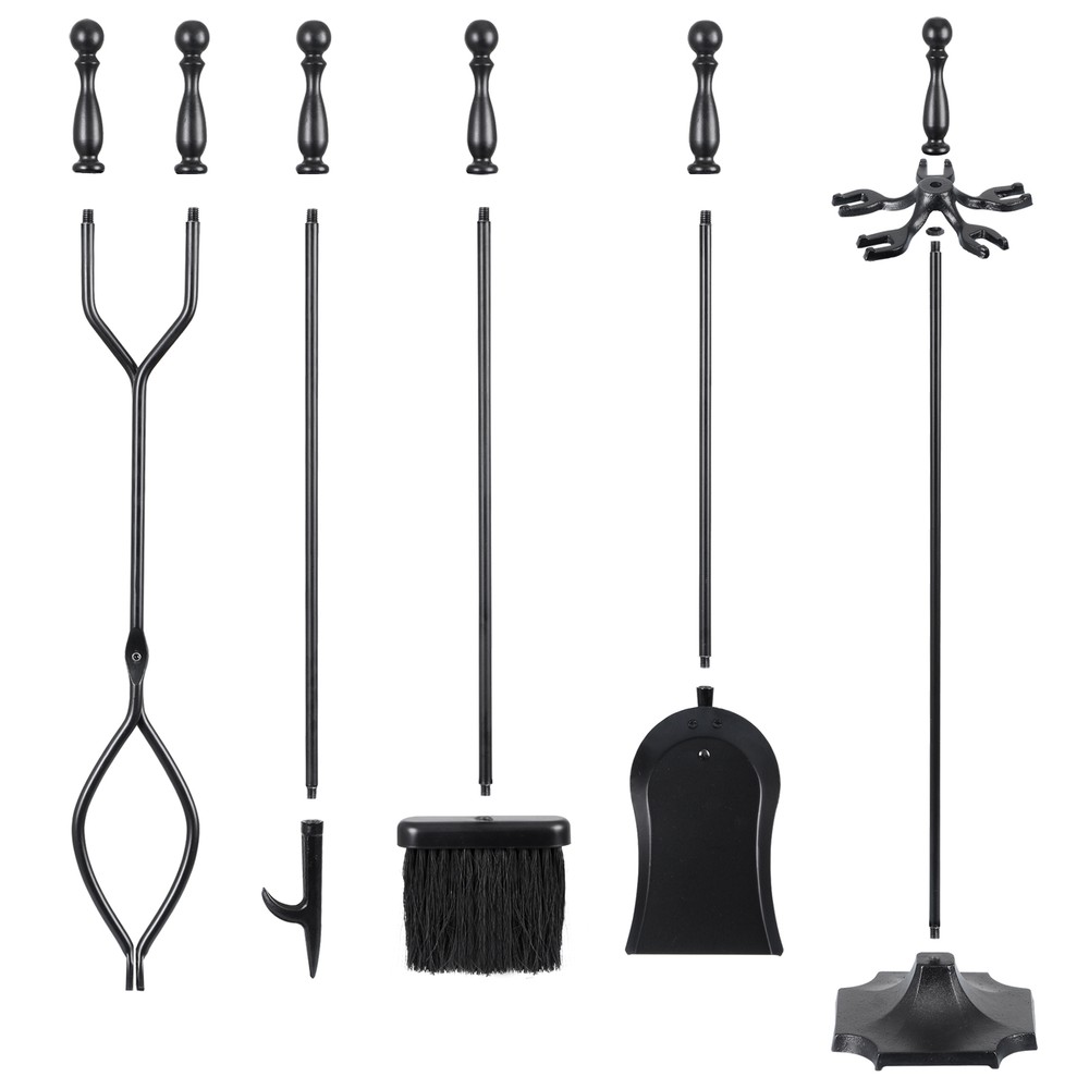 5PCS Fireplace Tools Sets Black Handle Wrought Iron Large Fire Tool Set Indoor