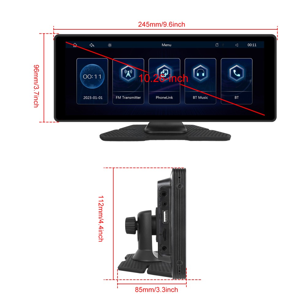 10.26" Touch Screen Wireless Apple Carplay Portable Car Stereo Android Auto Cam