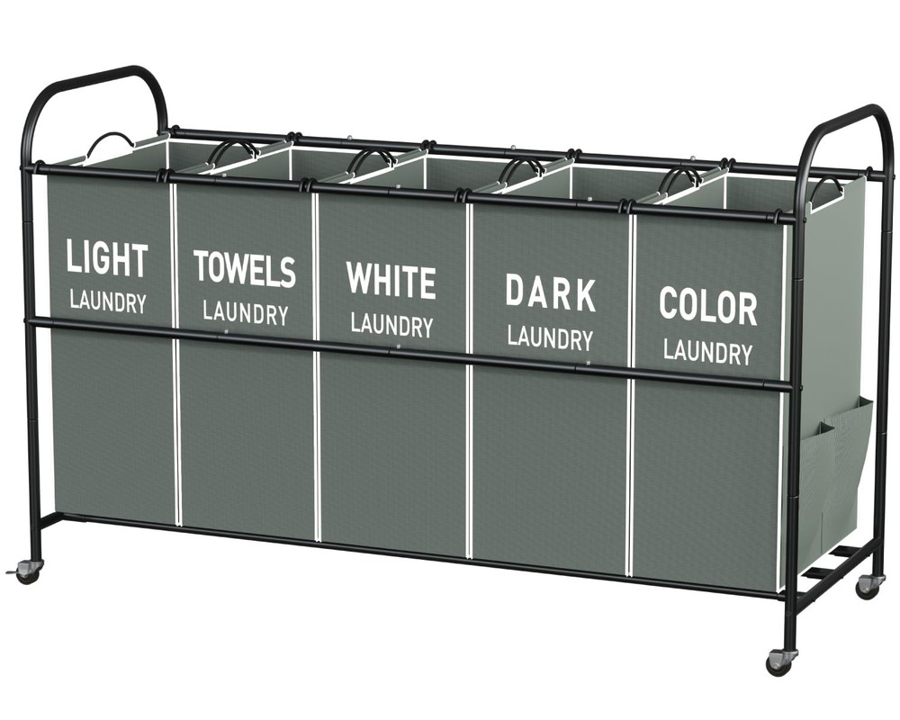 5-Section Laundry Sorter Cart, Large Laundry Hamper with Lockable Rolling Whe...