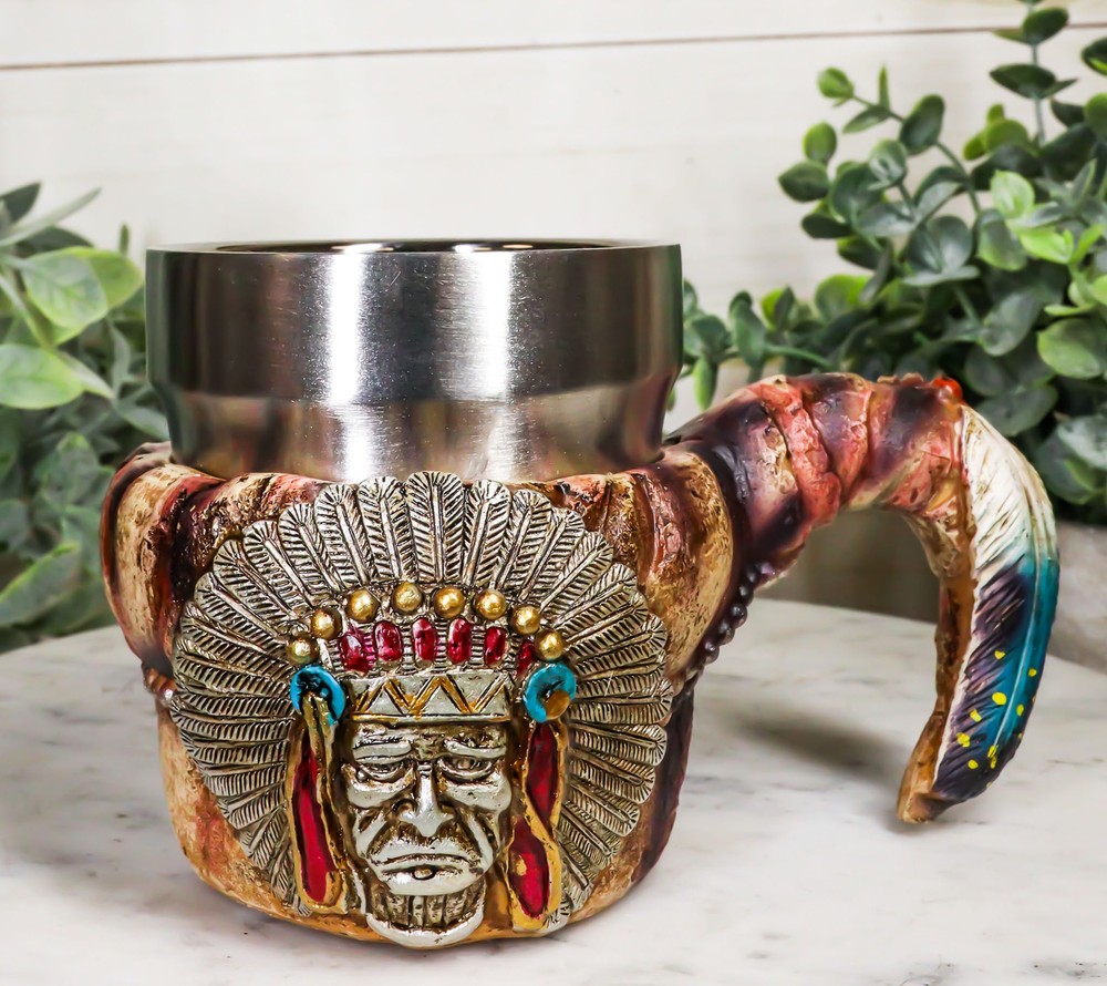 Native Indian Tribal Chief Warrior With Eagle Roach Feather Handle Mug Cup