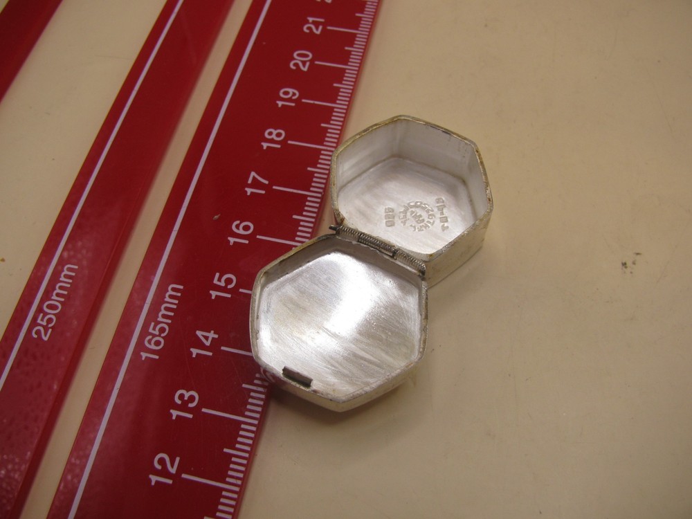 Vintage Hexagonal White Metal Pill Box - Has Mexican Silver Makers Marks