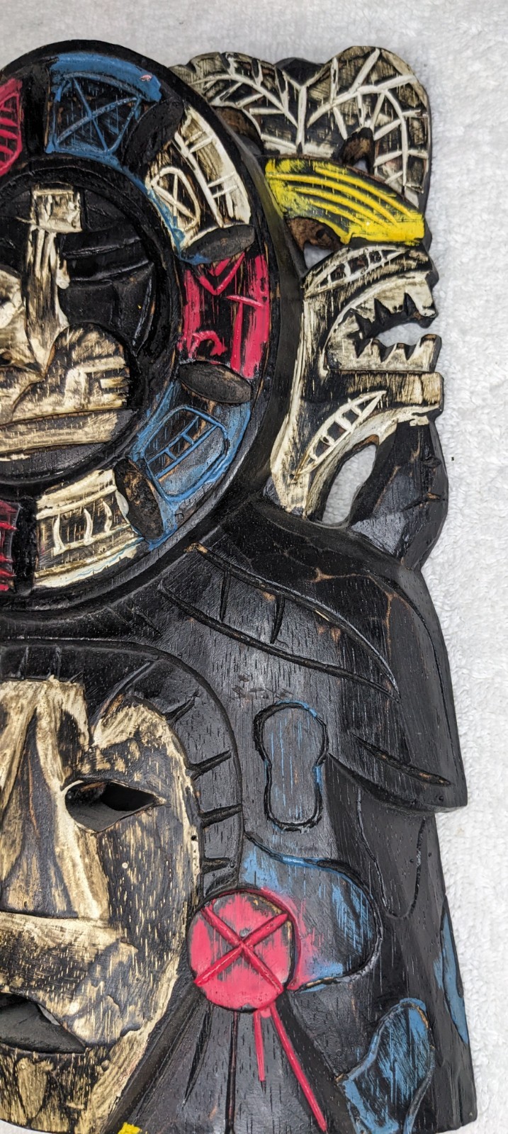 Vintage Mayan Aztec Tribal Mask Hand Carved Wood Warrior Jaguar 11.5"x7.5"