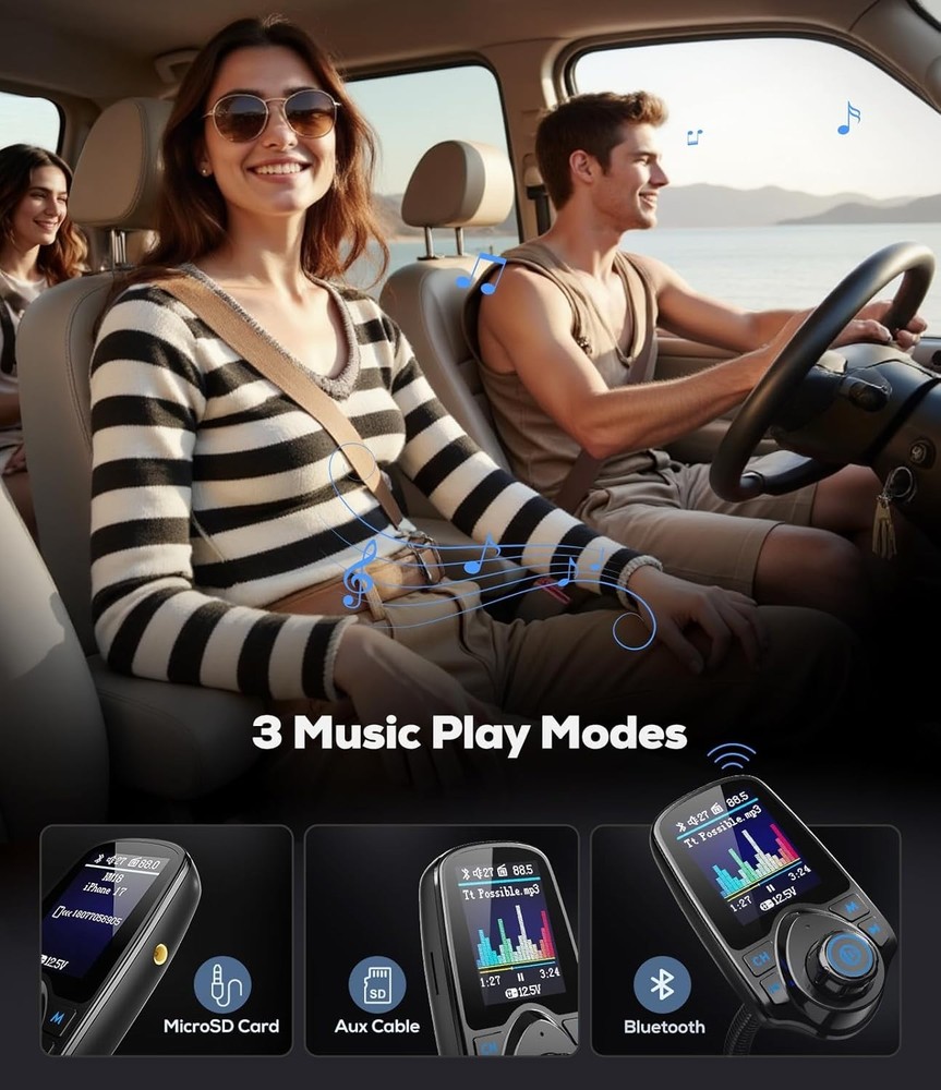 Bluetooth Car Adapter with Color Screen, Dual Fast Charging