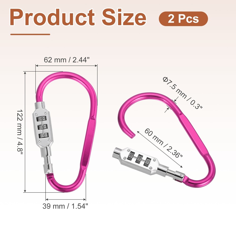 2 Pcs 4.8" x 2.4" D-Shaped 3-Digit Code Combination Lock D-Ring Clip, Pink