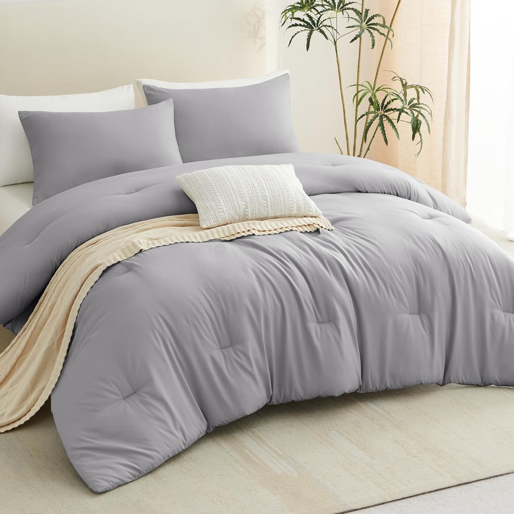 CozyLux Queen Comforter Set Grey, 3 Pieces Solid Comforters Queen, Grey