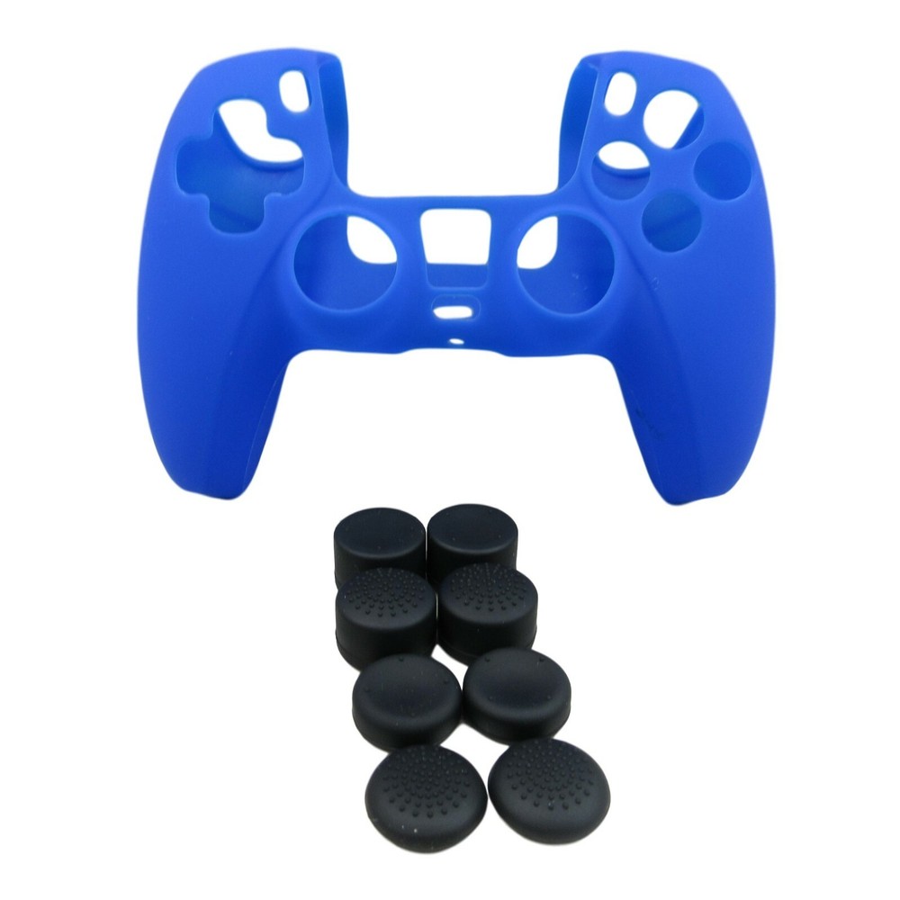 Silicone Grip Blue + (8) Multi Thumb Analog Caps For PS5 Controller Accessories