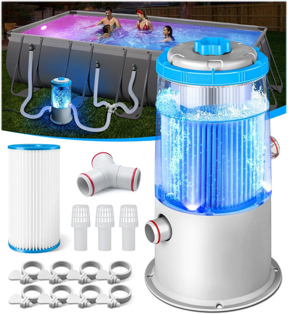 1000 GPH Light-Up Pool Filter Pump for above Ground Pool|Built-In Blue LED Light