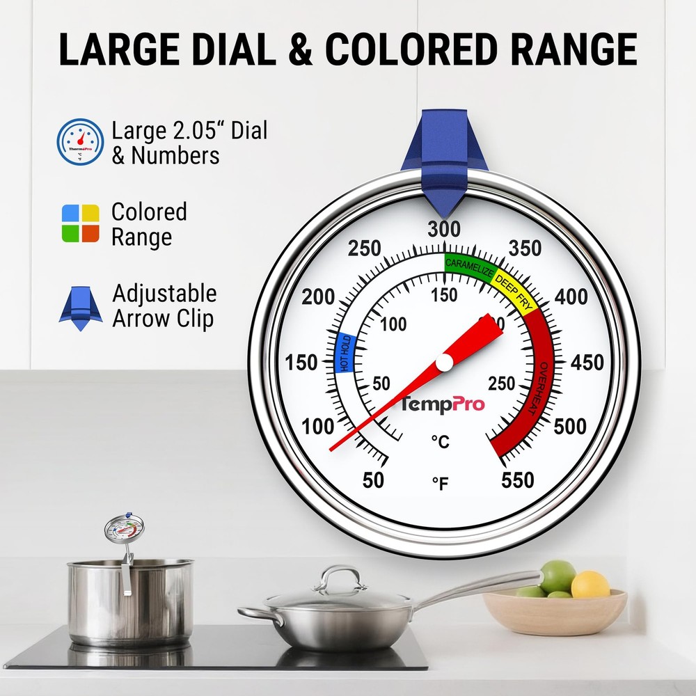 TempPro Candy Thermometer with Pot Clip, 9" Mechanical Thermometer, Silver