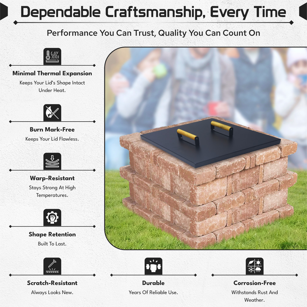 FEBTECH 28" Square Fire Pit Snuffer Lid for 26" FirePit with Wooden Handles