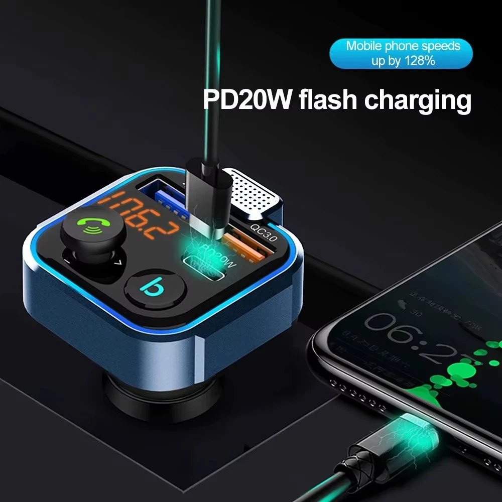 Bluetooth 5.0 Car Wireless FM Transmitter Adapter 2USB PD Charger AUX Hands-Free