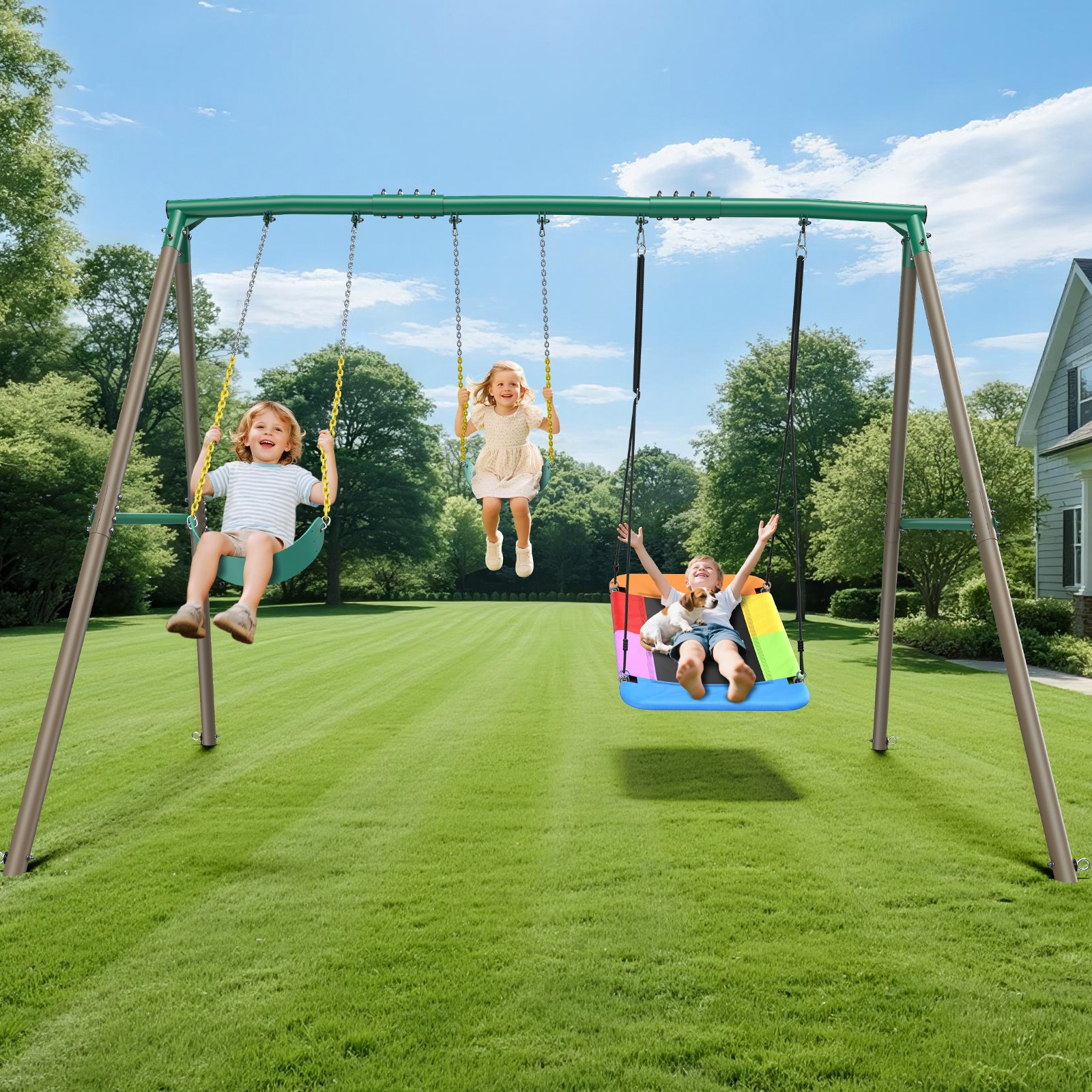 600lb 7.3ft Tall Heavy Duty Metal Swing Set with 3 Swings Kids Outdoor Swing Set