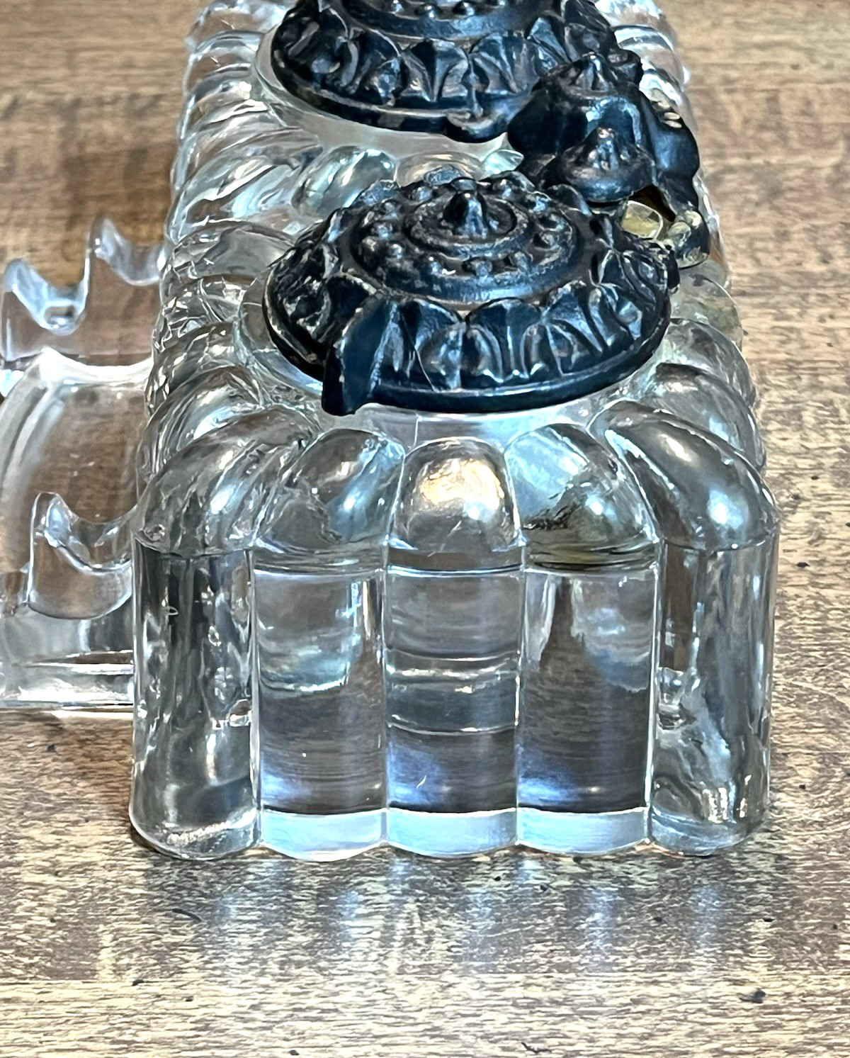 Antique "Tatum" Double Inkwell Pressed Glass w/Cast Iron Swivel Lids 1878-1900