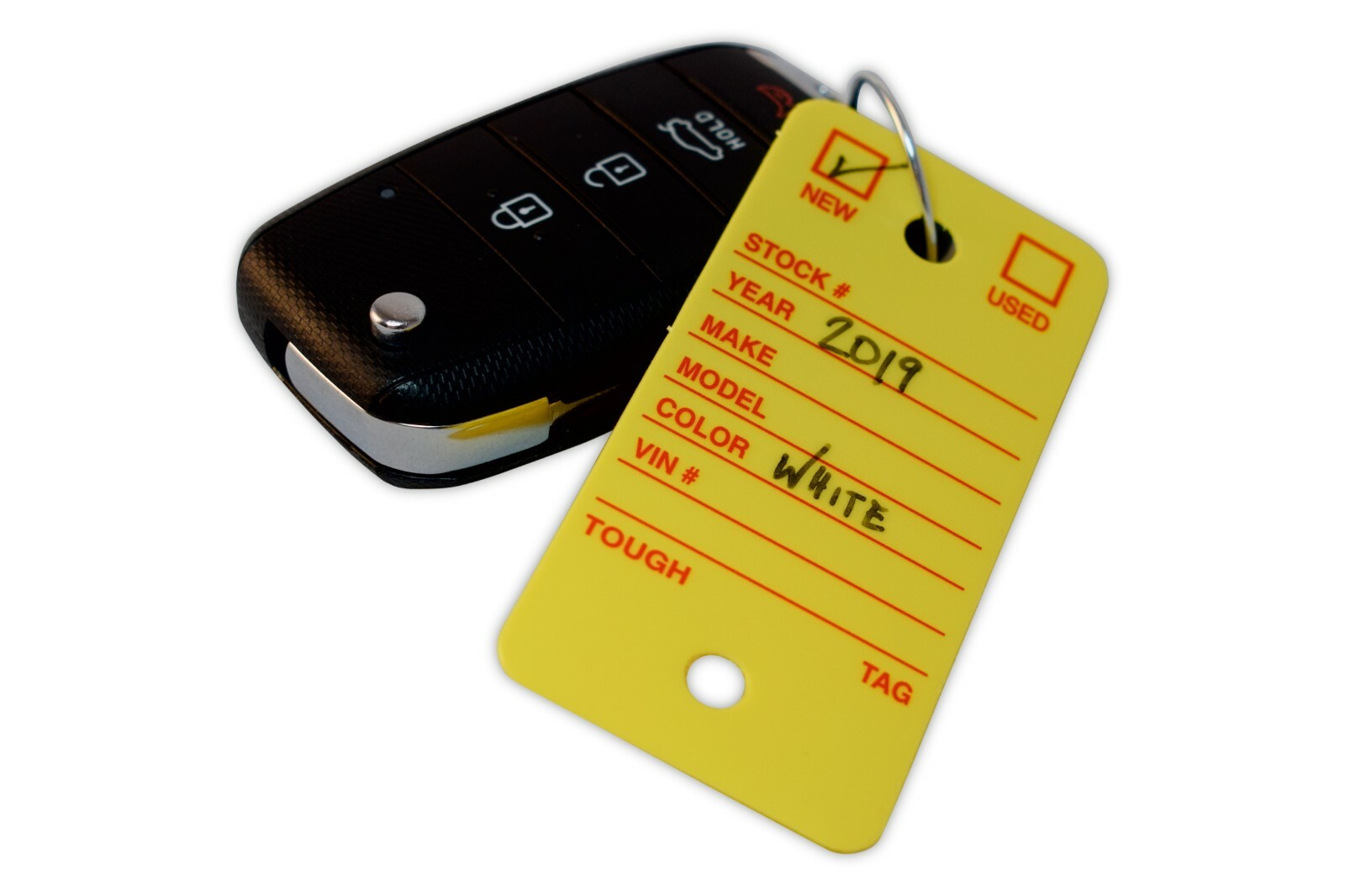 Car Dealer Key Tags, Tough Poly Rigidene Style, 500 Survivor Style Yellow Tags