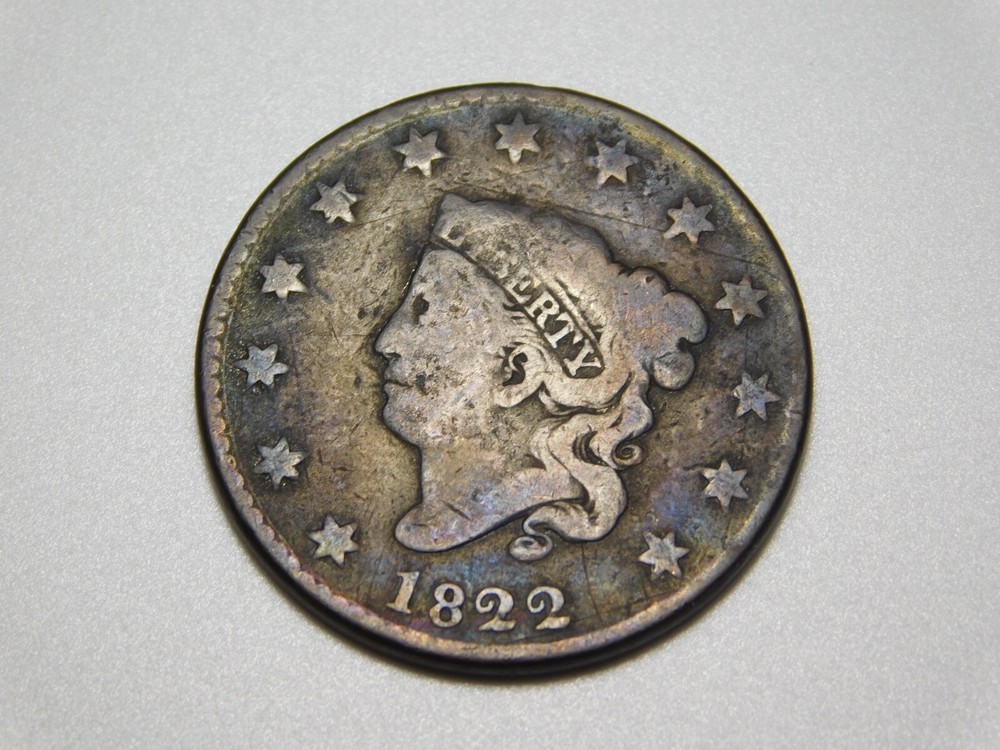 OLD US COPPER COINS 1822 CORONET HEAD LARGE CENT