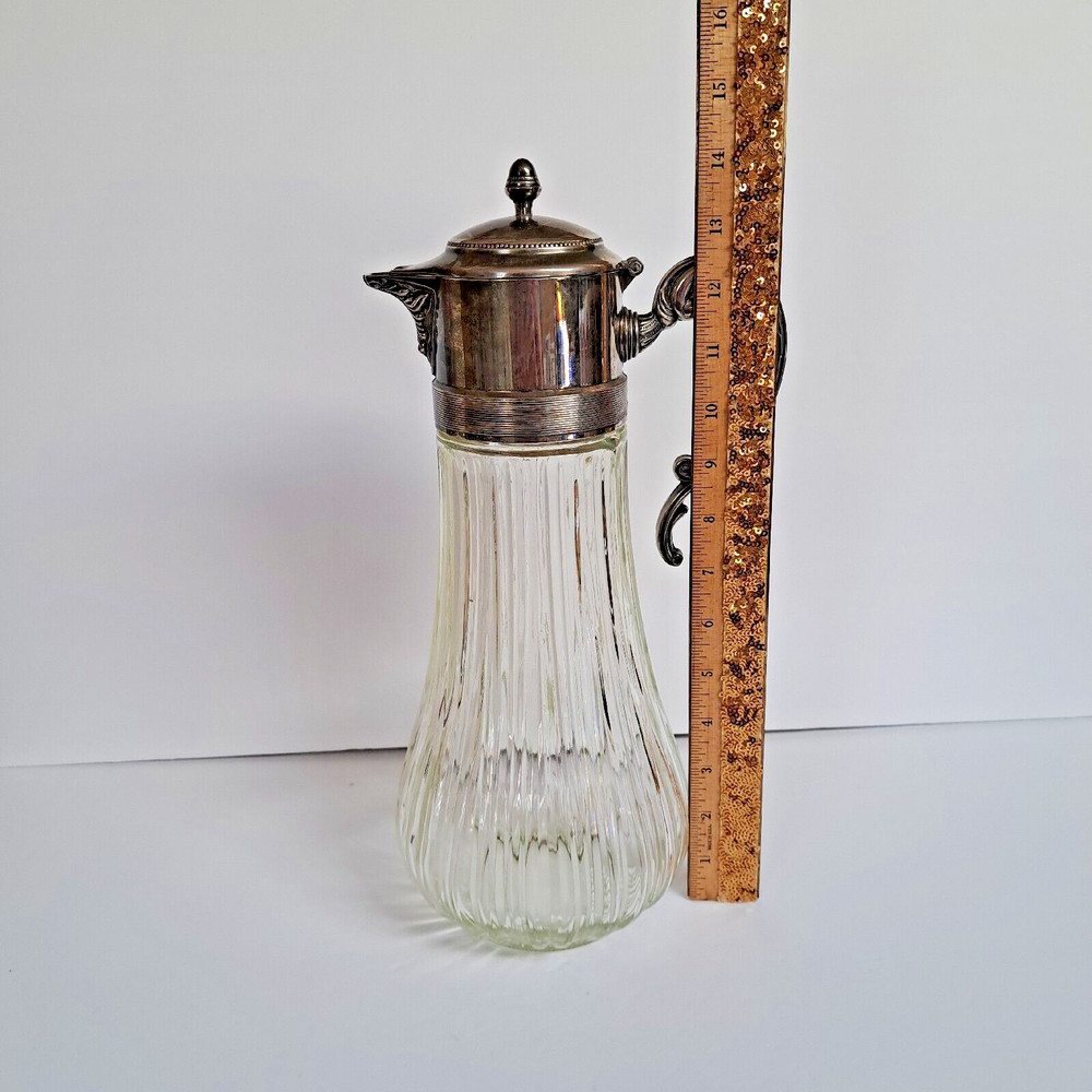 Antique Glass & Silver Decanter Ewer Jug Carafe Pitcher With Handle Pre-owned