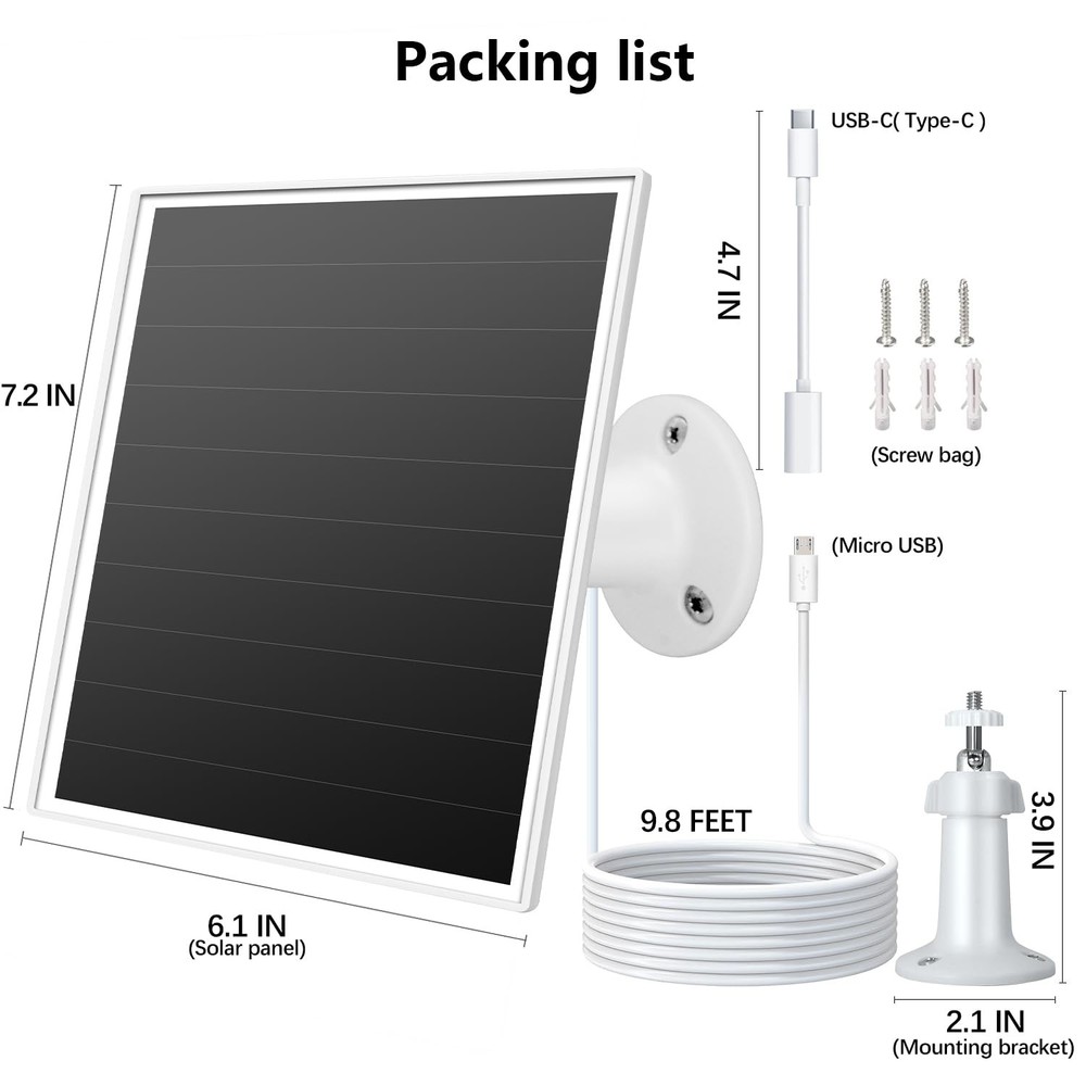 6W Solar Panel for Outdoor Security Camera with Micro USB & - white-1Pack