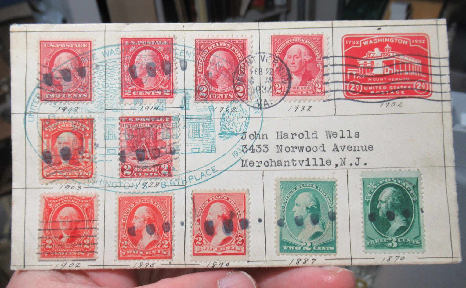 RARE 1932 Stamped Cover, Washington 200th Anniversary, 13 Stamps 1870-1932