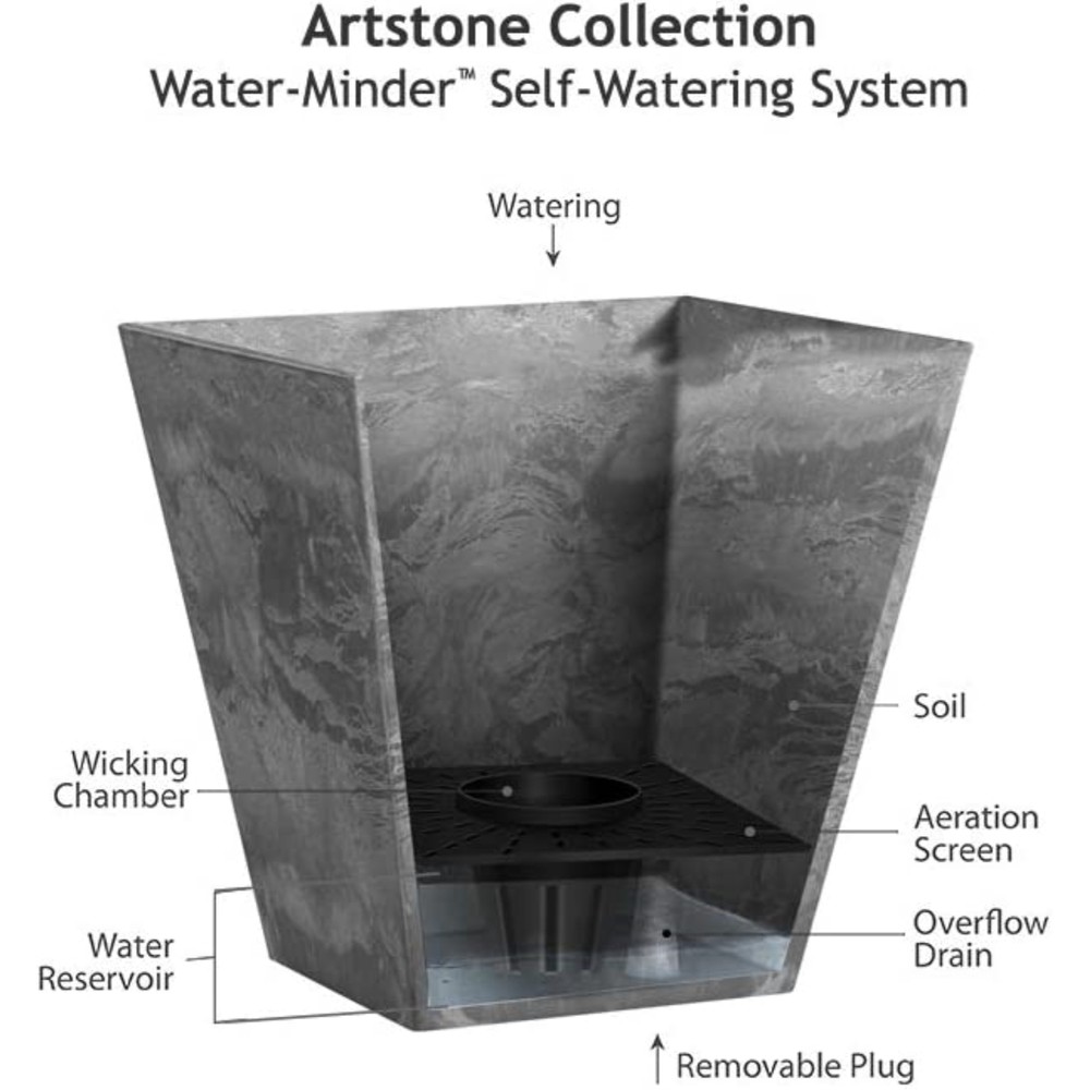 Novelty Artstone Collection, Ella Square Planter, Water-Minder System, Rust 16"