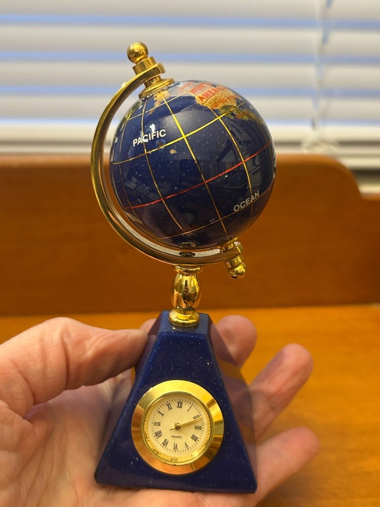 World Globe with Clock Blue Lapis Stone Gemstone 5" Desktop