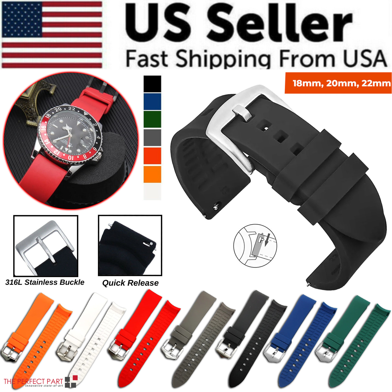 18mm 20mm 22mm Soft Silicone Watch Band Divers Replacement Strap Quick Release