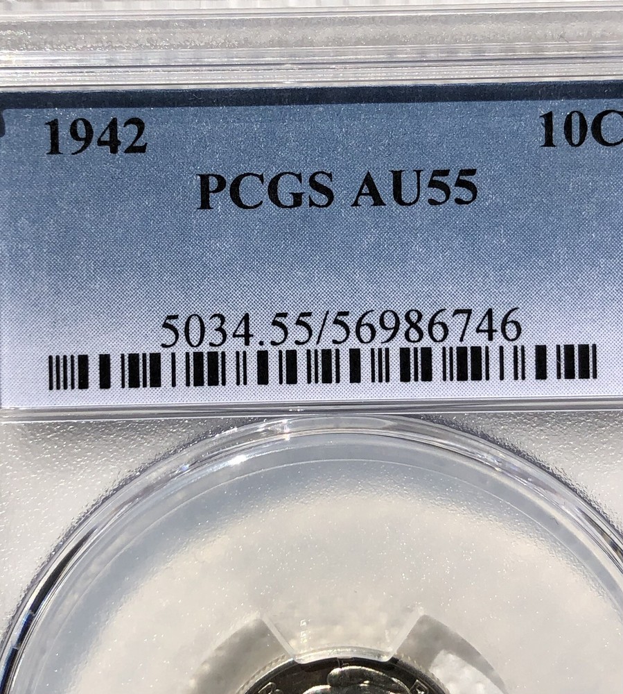 1942 10C Mercury Dime PGCS AU 55