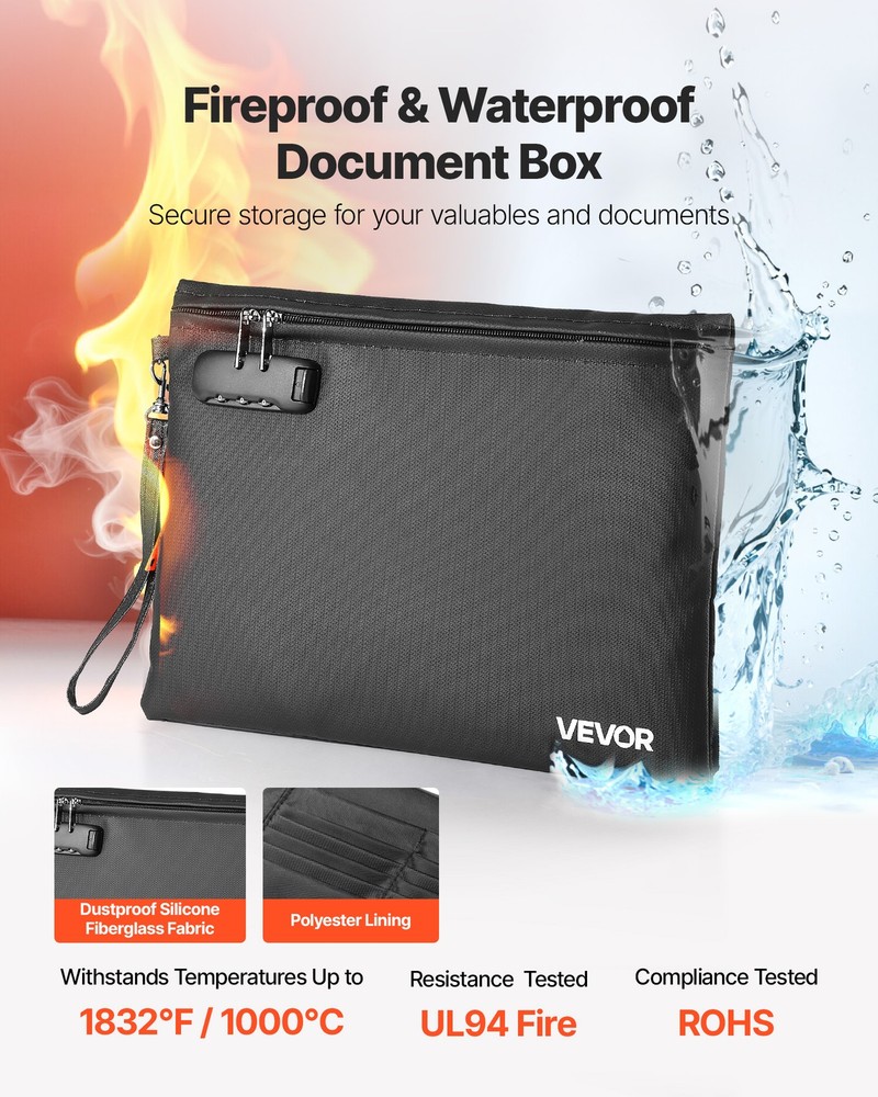 VEVOR Fireproof Document Bag 1832 ℉ Fireproof & Waterproof File Bag with Lock