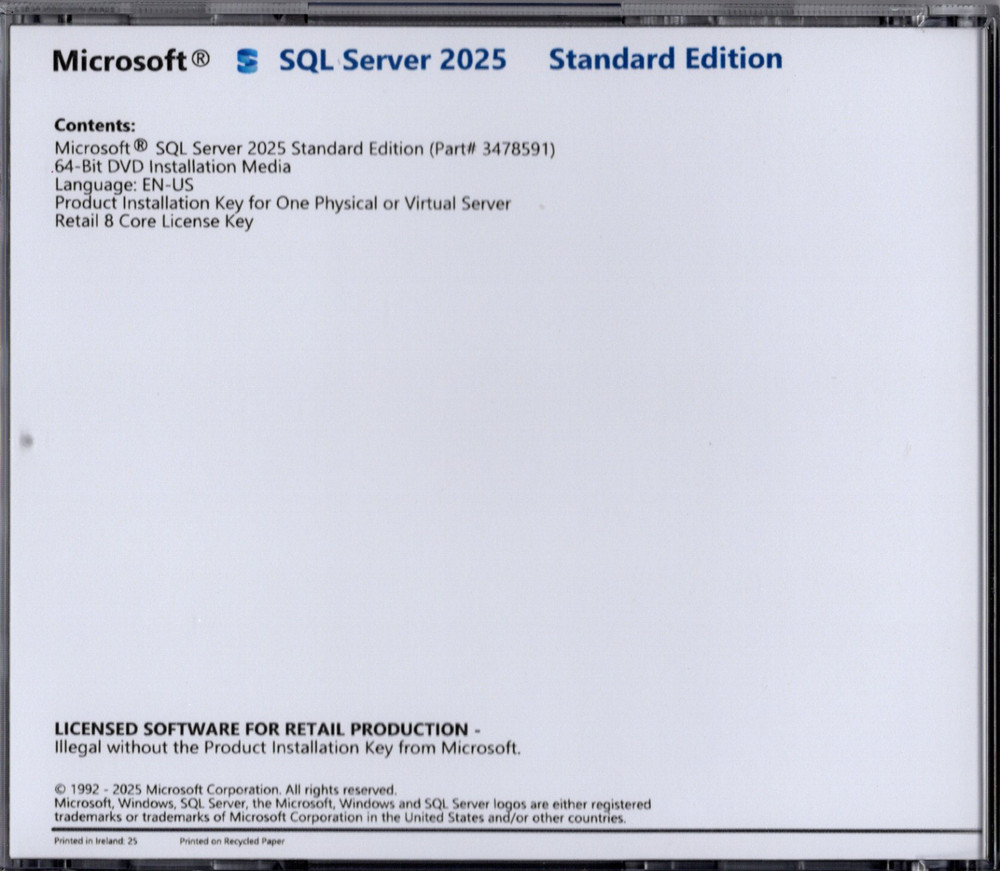 Microsoft SQL Server 2025 Standard with 8 Core License, unlimited User CALs
