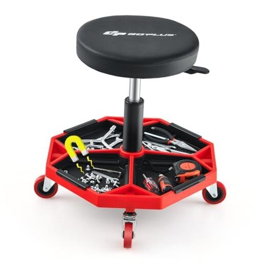 Rolling Garage Stool, 16”-22” Adjustable Mechanic Stool with Red & Black