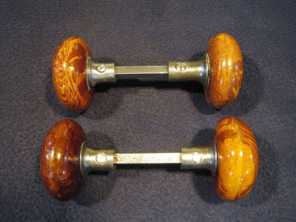 Pair Antique Brown Marble Swirl Tiger Eye Bennington Porcelain Door Knobs 1890's