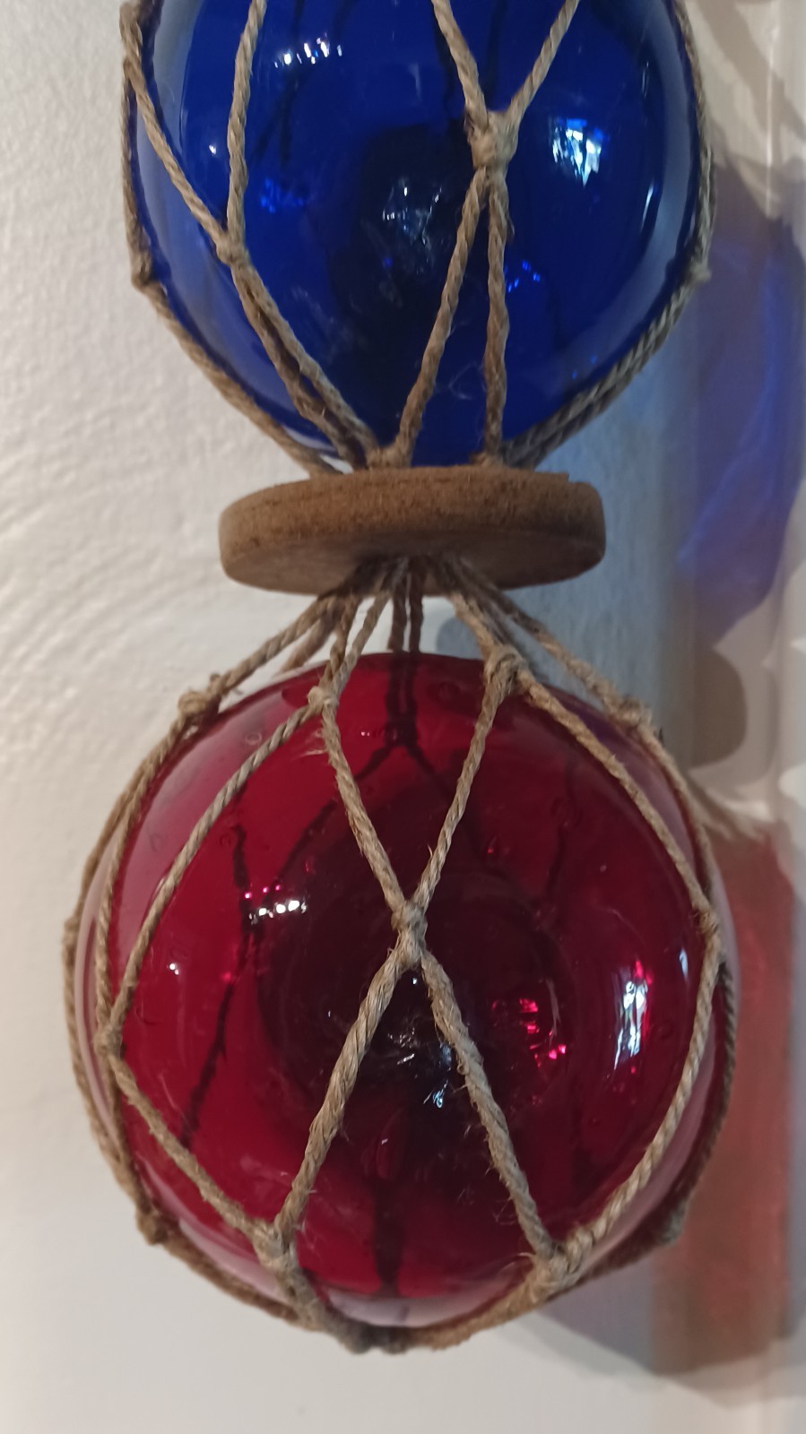 3 Hand Blown Glass Fishing Floats Netted Nautical Fish Net Decor Red Blue Teal