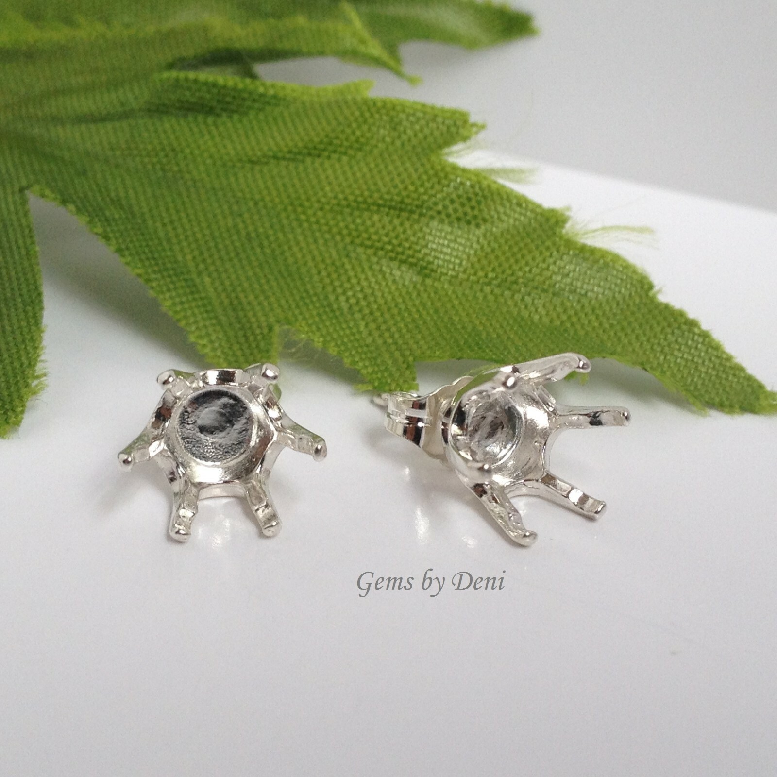 Two Round 6-Prong Solid Sterling Silver Pre-Notched Earring Settings (3mm-8mm)