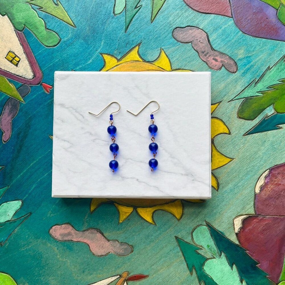 Indigo Blue Round Glass Bead Dangle Drop Earrings