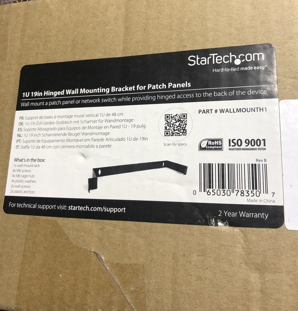 Startech 1U Hinged Wall Mount Bracket WALLMOUNTH1