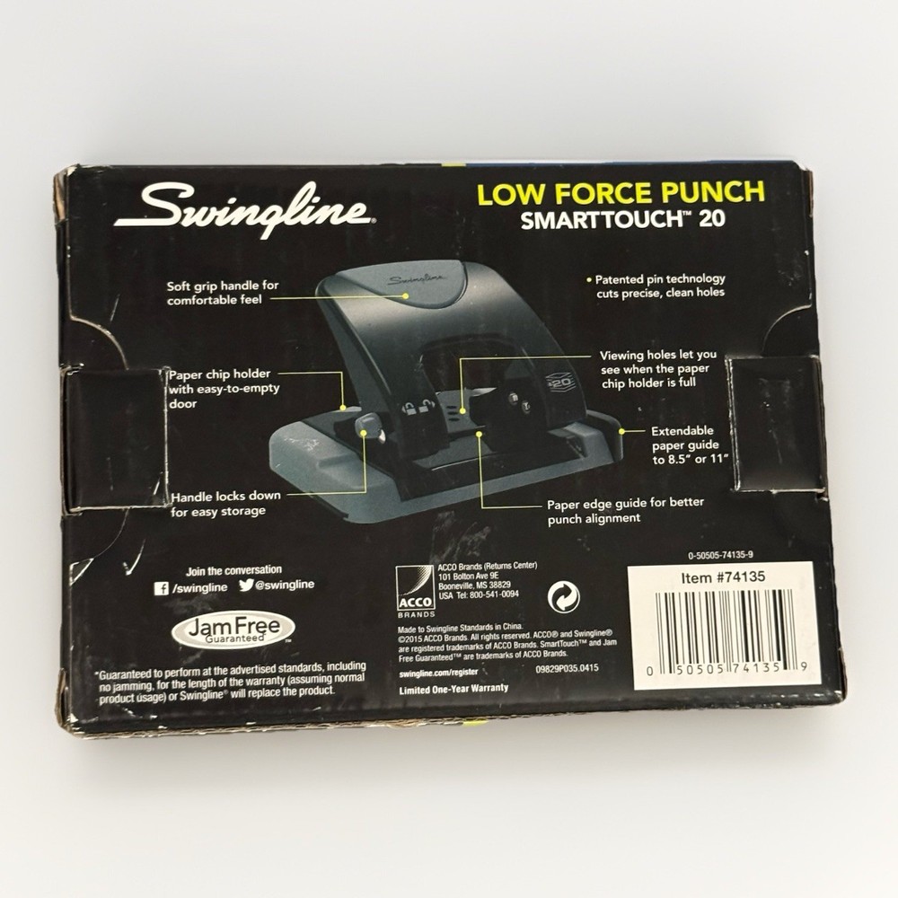 Swingline SmartTouch 20 Low Force 2-Hole Puncher, 20 Sheet Capacity, Model 74135