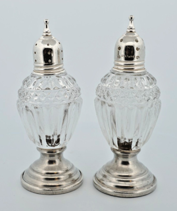 Vintage Antique Weighted Sterling Silver Crystal Glass Salt & Pepper Shakers